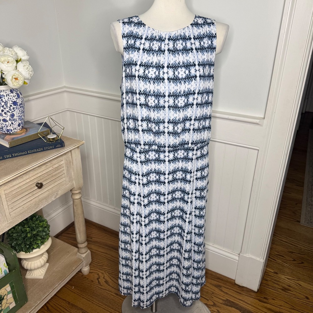 Pendleton Womens 14 Petite Navy Blue White Ikat Geometric Sleeveless Maxi Dress